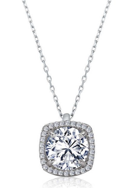 925 Ayar Gümüş Kare Montür Tek Taş Kadın Gümüş Kolye T4870