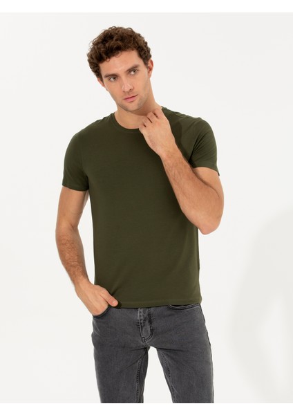 Erkek Haki Bisiklet Yaka Slim Fit Basic T-Shirt 50263987-VR027
