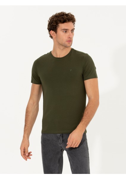 Erkek Haki Bisiklet Yaka Slim Fit Basic T-Shirt 50263987-VR027 modelleri