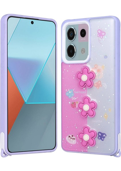 Xiaomi Redmi Note 13 Pro 5g Kılıf Parlayan Sıvılı Simli Kabartma Figürlü Omsy Cevze Kapak-Mor Papatya