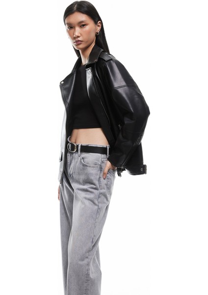 Fermuarlı Cepli Uzun Kollu Suni Deri Biker Ceket fiyatları