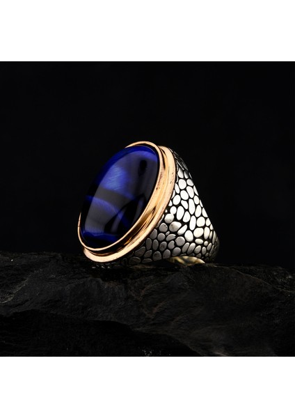 925 Ayar Gümüş Mavi Kaplan Gözü Taşlı Duvar Desenli Erkek Yüzük