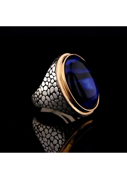 925 Ayar Gümüş Mavi Kaplan Gözü Taşlı Duvar Desenli Erkek Yüzük modelleri