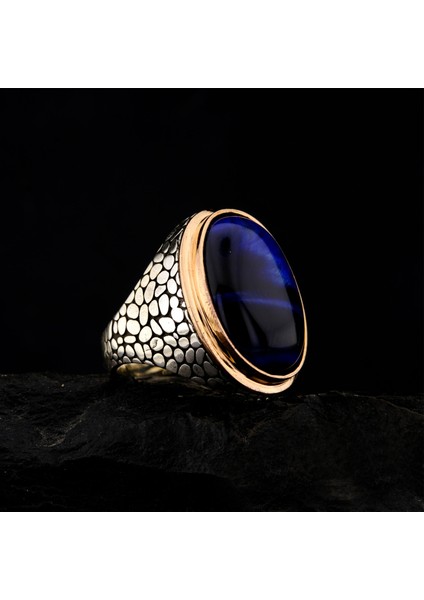 925 Ayar Gümüş Mavi Kaplan Gözü Taşlı Duvar Desenli Erkek Yüzük fırsatları