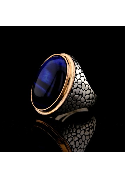 925 Ayar Gümüş Mavi Kaplan Gözü Taşlı Duvar Desenli Erkek Yüzük indirimleri