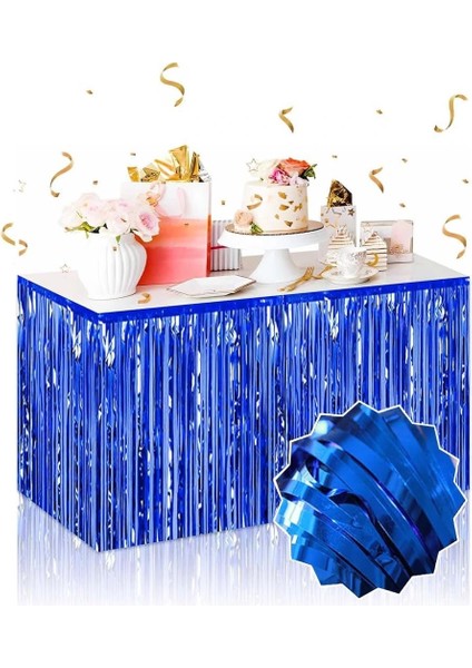 Kendinden Yapışkanlı Mavi Metalize Püsküllü Masa Eteği – 75 x 275 cm Parti Süslemesi (5047)