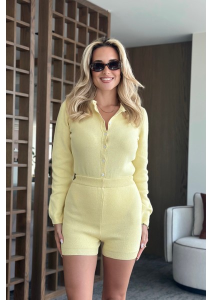 Sarı Bodysuit Hırka Şort Triko Takım modelleri