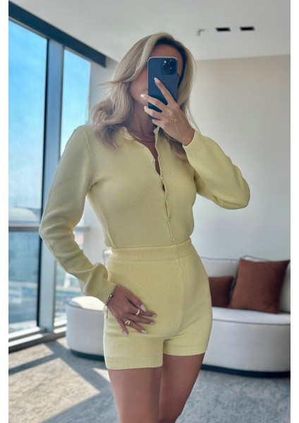 Sarı Bodysuit Hırka Şort Triko Takım indirimleri