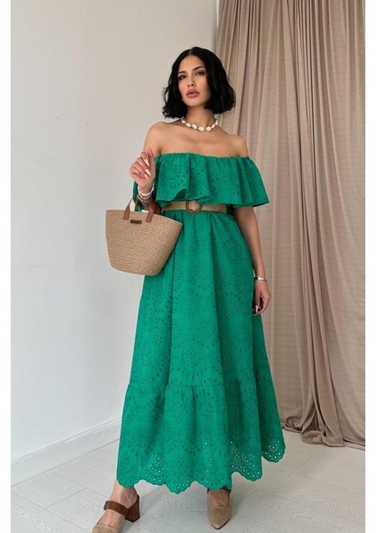 Yeşil Omzu Lastikli Brode Elbise