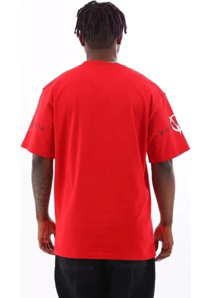 Unisex Oversize Baskılı Bisiklet Yaka T-Shirt - Kırmızı fırsatları