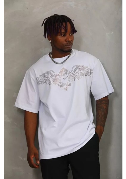Unisex Oversize Taşlı Bisiklet Yaka T-Shirt - Beyaz