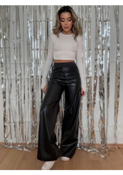 Kadın Yılbaşı Özel Yüksek Bel Beli Lastikli Geniş Paçalı Deri Pantolon indirimleri