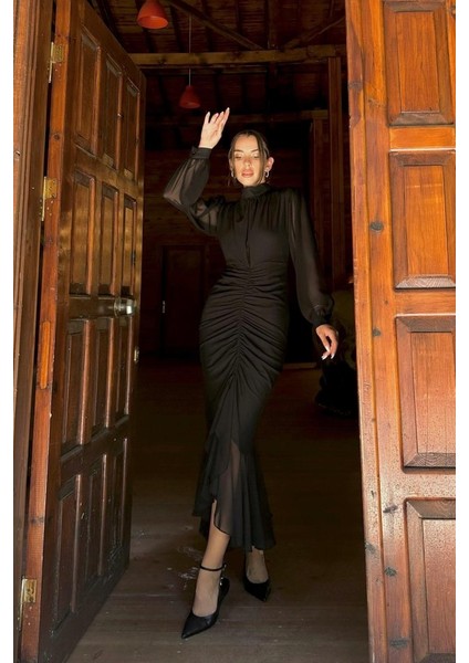 Siyah Önü Büzgülü Şifon Elbise