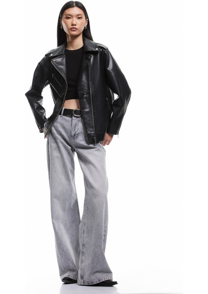 Fermuarlı Cepli Uzun Kollu Suni Deri Biker Ceket