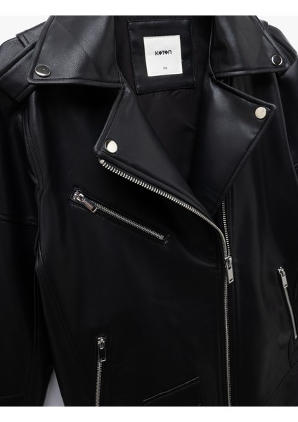 Fermuarlı Cepli Uzun Kollu Suni Deri Biker Ceket indirimleri
