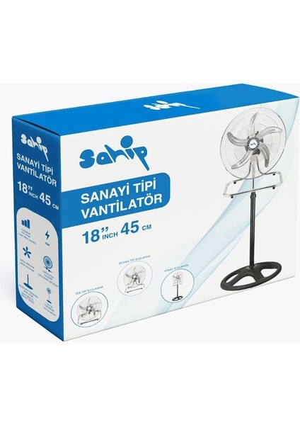 3in1 Kullanım 18 Inç 45 cm Sanayi Tipi Ayaklı Vantilatör 5-Metal Pervane 3-Kademe Hız 75WY:150CM Fan (5047)