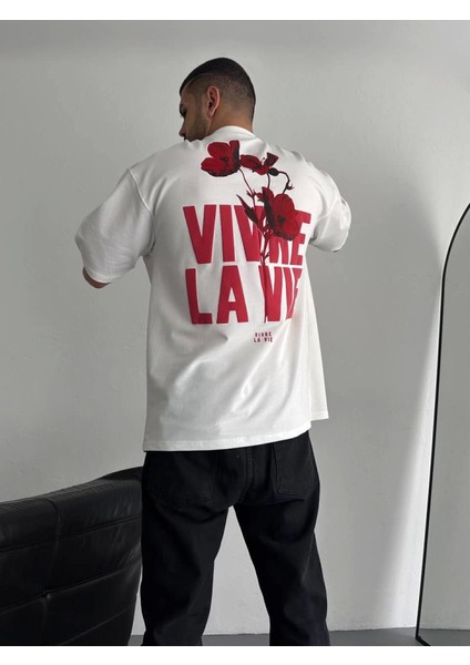 Baskılı Oversize Bisiklet Yaka T-Shirt - Beyaz modelleri