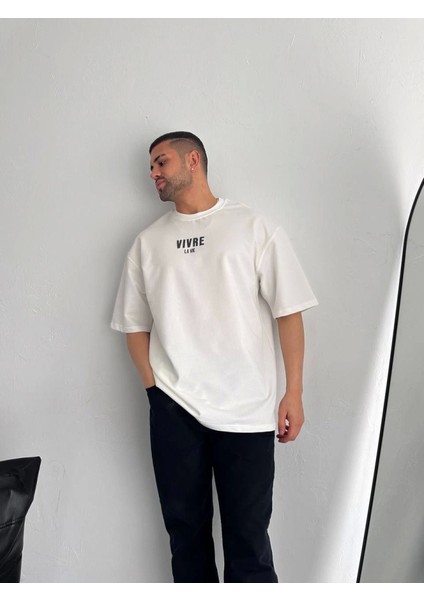 Baskılı Oversize Bisiklet Yaka T-Shirt - Beyaz fırsatları