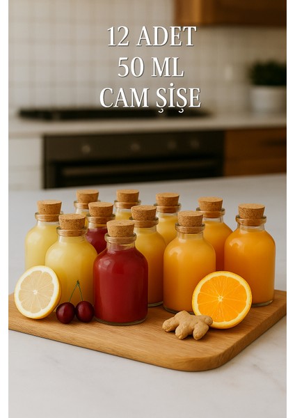 12 Adet Şeffaf Cam Shot Şişesi Mantar Tıpalı Hediyelik Koku Süs Çok Amaçlı Şişe 50ML