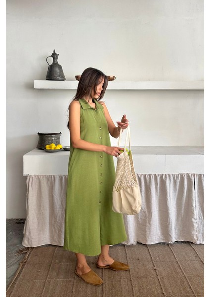 Keten Önden Düğmeli Kolsuz Gömlek Yaka Elbise - Yağ Yeşili fırsatları