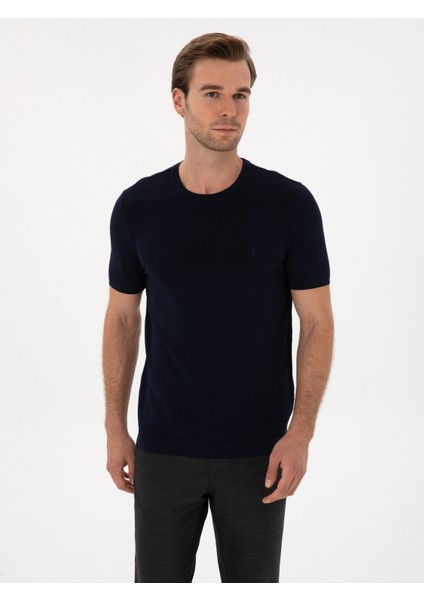 Erkek Lacivert Slim Fit Bisiklet Yaka Triko T-Shirt 50314608-VR033
