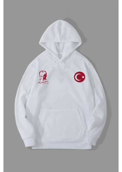 10 Kasıma Özel Üç Iplik Kapşonlu Baskılı Sweatshirt - Beyaz
