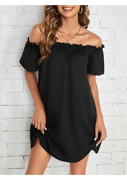 Kadın Kısa Kollu Fırfır Detay Madonna Yaka Mini Ithal Krep Elbise modelleri