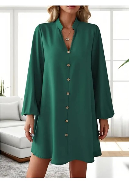 Kadın Uzun Kollu V Yakalı Önden Düğmeli Kısa Sandy Elbise modelleri