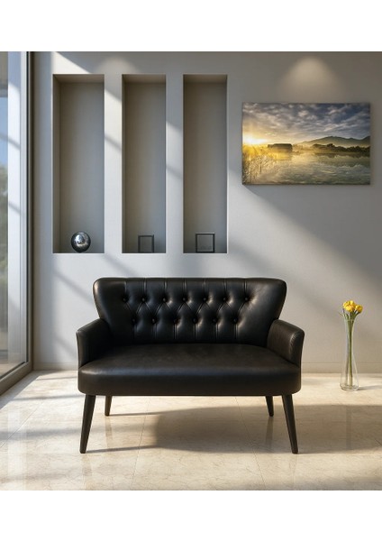- Roma Ikili Koltuk Kanepe - Deri Kumaş - Gürgen Iskelet - Siyah