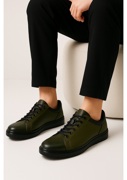 GR0159 Hakiki Deri Bilek Streçli Petrol Yeşili Üst Kalite Sneaker Erkek Ayakkabı