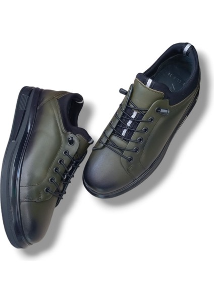 GR0159 Hakiki Deri Bilek Streçli Petrol Yeşili Üst Kalite Sneaker Erkek Ayakkabı