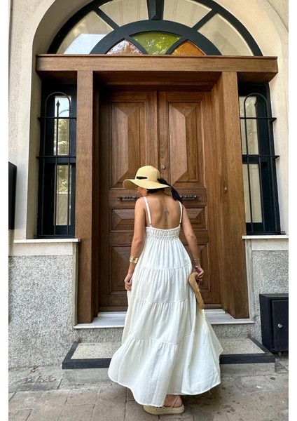 Ekru Askılı Parçalı Müslin Elbise modelleri