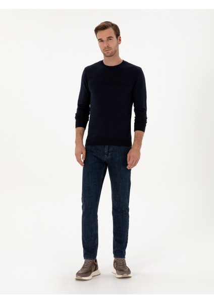 Erkek Lacivert Slim Fit Pamuk Karışımlı Bisiklet Yaka Triko Kazak 50318982-VR033 fırsatları
