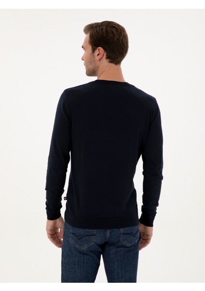 Erkek Lacivert Slim Fit Pamuk Karışımlı Bisiklet Yaka Triko Kazak 50318982-VR033 indirimleri
