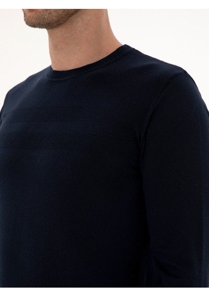 Erkek Lacivert Slim Fit Pamuk Karışımlı Bisiklet Yaka Triko Kazak 50318982-VR033
