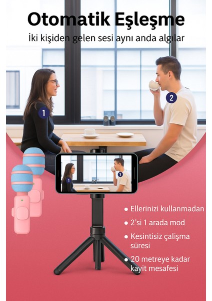 Kablosuz Tüylü Pembe Yaka Mikrofonu Type-C ve Apple Girişli 2’li Set Bluetooth 5.0 modelleri