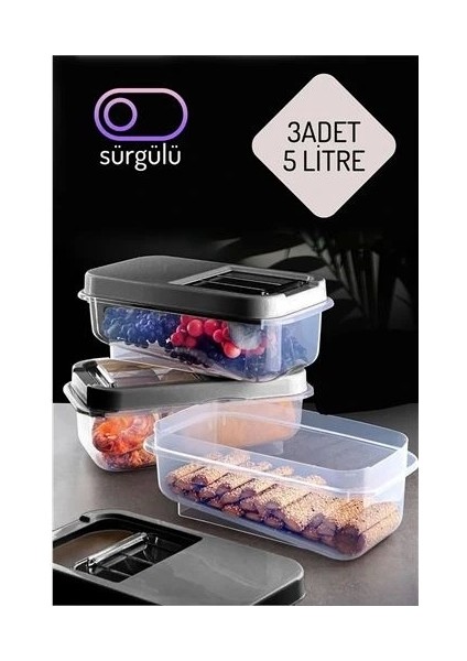 Erzak Bakliyat Saklama Kabı 3 Lü Set 5 Lt Antrasit