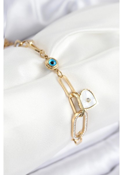 316L Çelik Nazar Boncuğu ve Zirkon Taşlı Kalp Model Gold Renk Kadın Bileklik