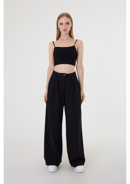 Kadın Siyah Pile Detaylı Palazzo Pantolon