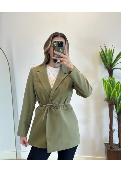 Kadın Haki Bel Bağlamalı Blazer Ceket