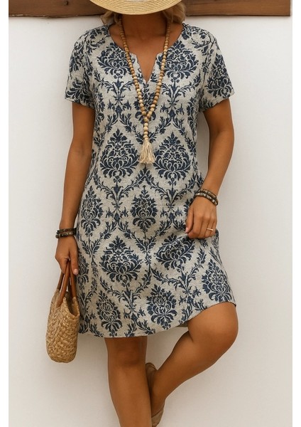 Kadın Kısa Kollu Çentik Yaka Çiçek Desenli Keten Elbise