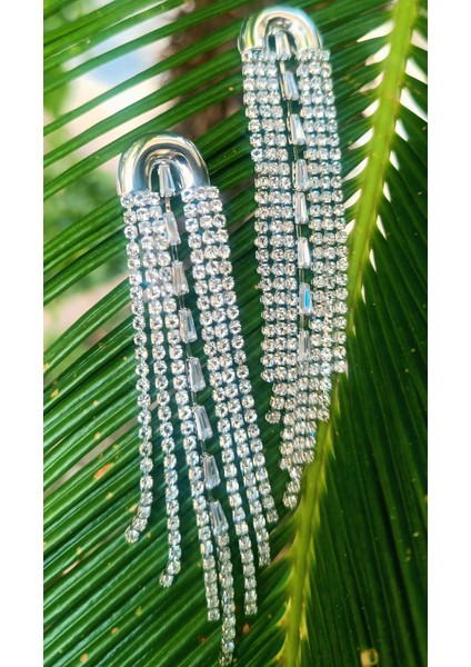 Gümüş Renk Zirkon Taşlı Lüks Abiye Küpe fiyatları