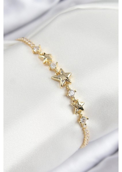 Pirinç Zirkon Taşlı Yıldız Model Gold Renk Kadın Bileklik