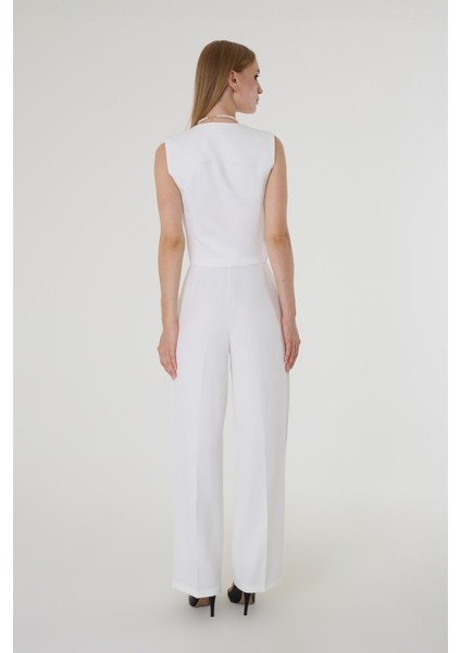 Kadın Yandan Bağlamalı Asimetrik Beyaz Yelek Takım fırsatları