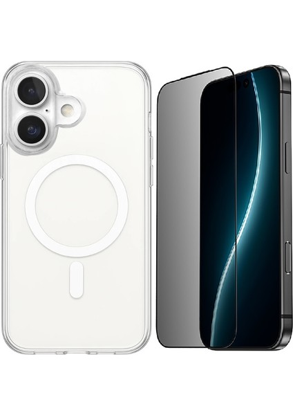 iPhone 17 Kılıf M-Safe Şarj Özellikli Şeffaf Sert Pc Zore Embos Kapak + Hayalet Ekran Koruyucu