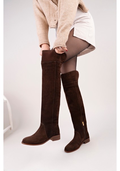 Icona Model Hakiki Deri Uzun Dizüstü Kıvırmalı Yandan Fermuarlı Günlük Kadın Çizme