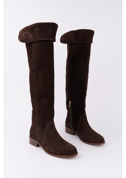 Icona Model Hakiki Deri Uzun Dizüstü Kıvırmalı Yandan Fermuarlı Günlük Kadın Çizme