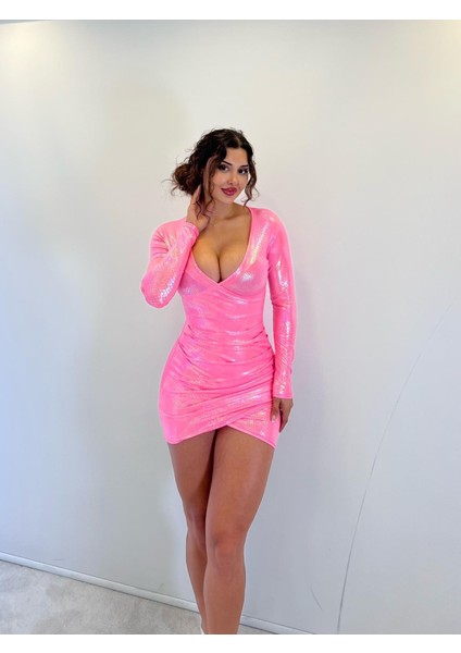 Pembe Parlak Lame Kum.kruvaze Uzun Kol.mini Elbise
