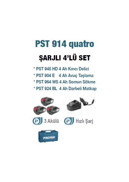 Pst 914 Quatro Akülü Vidalama Seti 4'lü Şarjlı Matkap ve Taşlama Aletleri modelleri