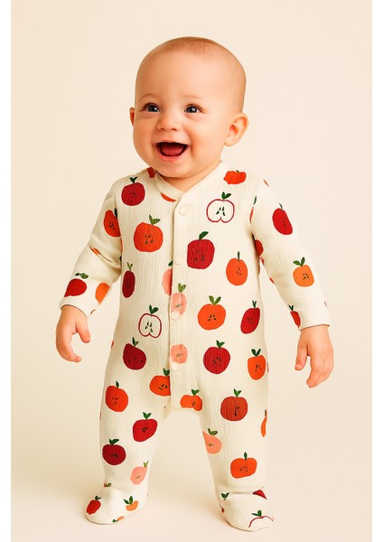 Kız Bebek Erkek Bebek Yenidoğan Pamuklu 0-6 Ay Elma Desenli Patikli Bebek Tulumu fiyatları